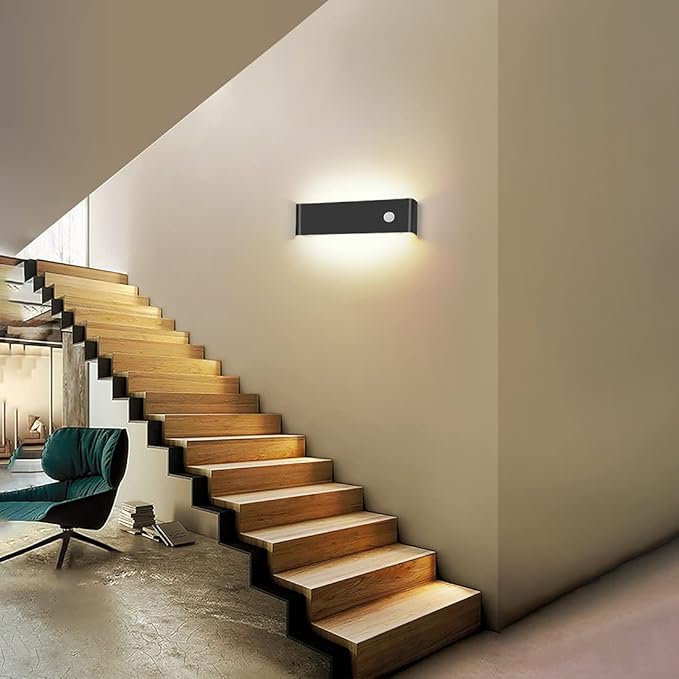 LED Hardwired Motion Sensor Light Indoor Wall Sconce, 12W Motion Sensor Wall Light Indoor Sconce Wall Aluminum Modern Wall Sconce for Living Room Hallway Stair (Black 3000K, 1 Pack)