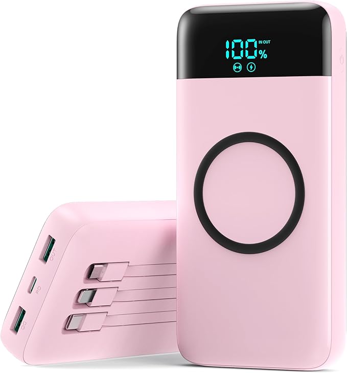 YHO Wireless Portable Charger 40800mAh for iPhone with Built-in Cables, Wireless Charging USB C Power Bank,25W PD Fast Charging Travel Essential Battery Pack for iPhone 17/16/15,Android-Pink