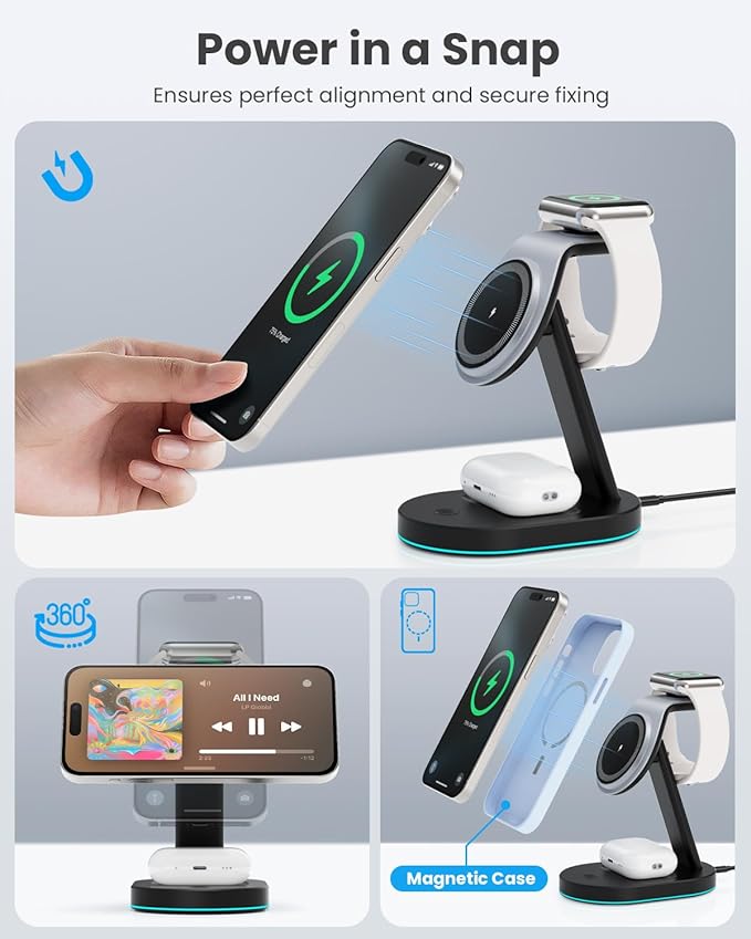 3 in 1 Wireless Charger Charging Station for iPhone,Qi2 Certified 15W Magnetic Charging Stand for Mag-Safe with 30W USB C Adapter&Friendly Night Light for iPhone 17/16/15/14/13/12,Apple Watch,AirPods