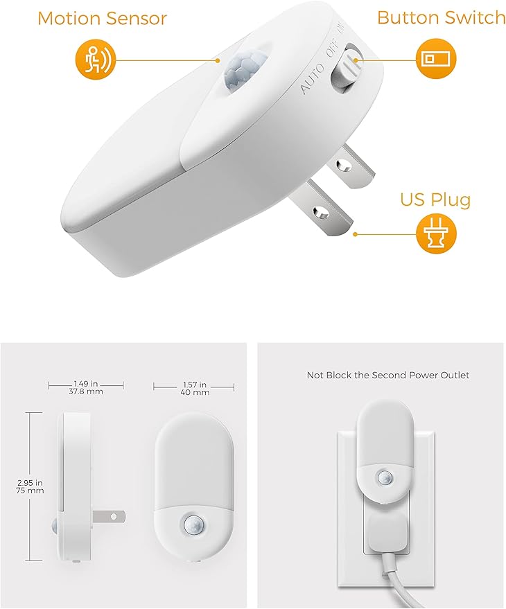 L LOHAS LED Amber Night Light, 2 Pack, Night Lights Plug into Wall Motion Sensor, 0.6W 2000K, LED Nightlights, 30/60LM Adjustable Brightness, Automatic Low Blue Nightlight for Kids, Bathroom, Hallway
