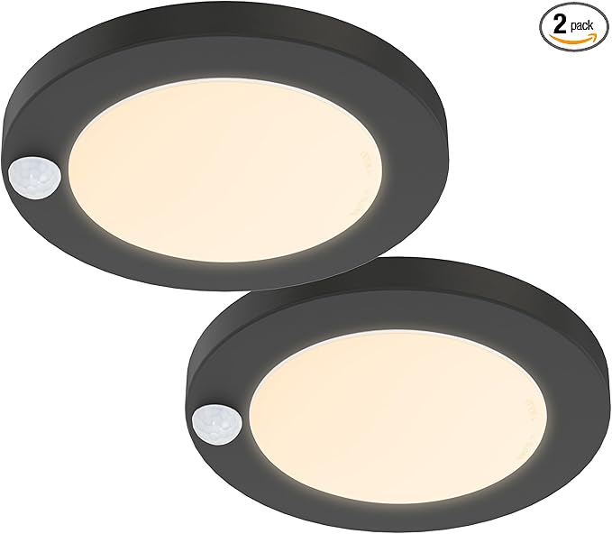 ZAGO LED 6" 120 Volts Closet Light Wired, PIR Motion Sensor Ceiling Disc Light, 15W, 1100 Lumens, CRI>80, 3000K Warm White for Closet, Laundry, Garage, Pantry, Wet Location, ETL, Black, 2 Packs