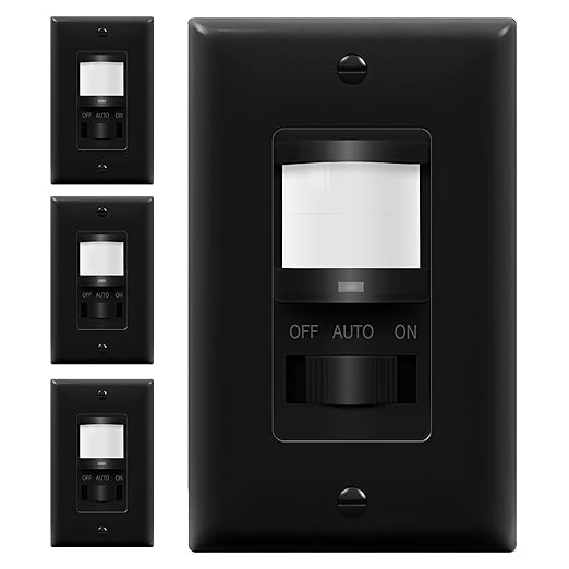 TOPGREENER Occupancy/Vacancy PIR Motion Sensor Light Switch, Learning Function, No Neutral No Ground Required, 200W Incandescent / 150W LED Load, UL Listed, Wall Plate Included, Black, 4 Pack