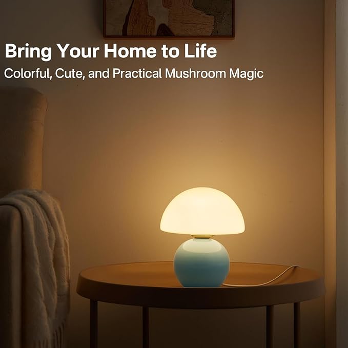 Dawnwake Mushroom Lamp Table Lamp for Bedroom,Desk Bedside Small Lamps for Living Room Night Stands,Mushroom Decor Cute Mini Modern Mid Century Lamps,Unique Aesthetic Home Living Room Decor(Blue)