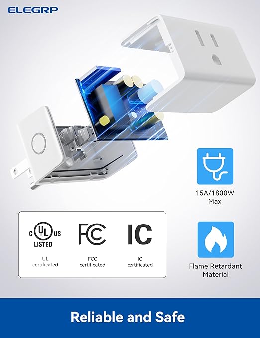 ELEGRP Matter Supported Mini Smart Plug, Smart Outlet 15A/1800W Max, Compatible with Apple Home, Siri, Alexa, Google Home, SmartThings, Compact Design, UL Certified, 2.4G Wi-Fi Only, White, 1 Pack