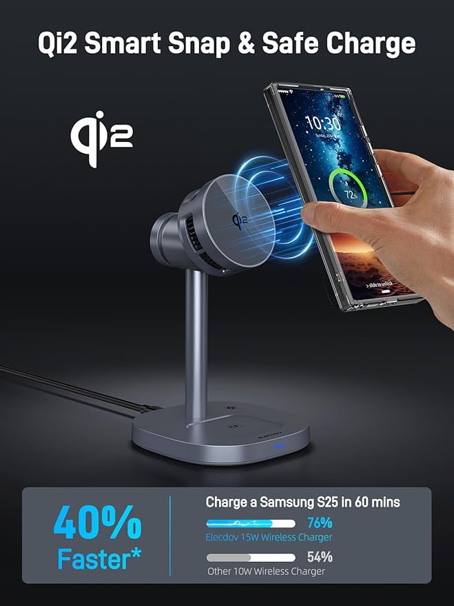Magnetic Wireless Charger for Samsung, Qi2 Android Charging Station with TEC Cooling Fan, 3 in 1 Nightstand Organizer for Samsung Galaxy S26 Ultra, Galaxy Watch Ultra 8, Buds4 Pro