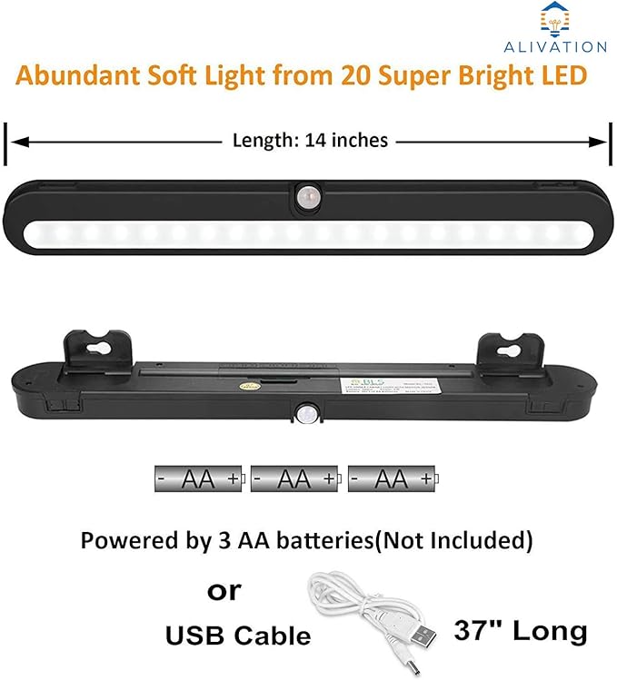 Alivation Closet Lights Battery Operated Led, Motion Sensor Light Indoor, Under Cabinet Lighting, Under Counter Lights for Kitchen, Laundry, 3 AA Battery Powered/DC Input, Day & Night Modes, Black