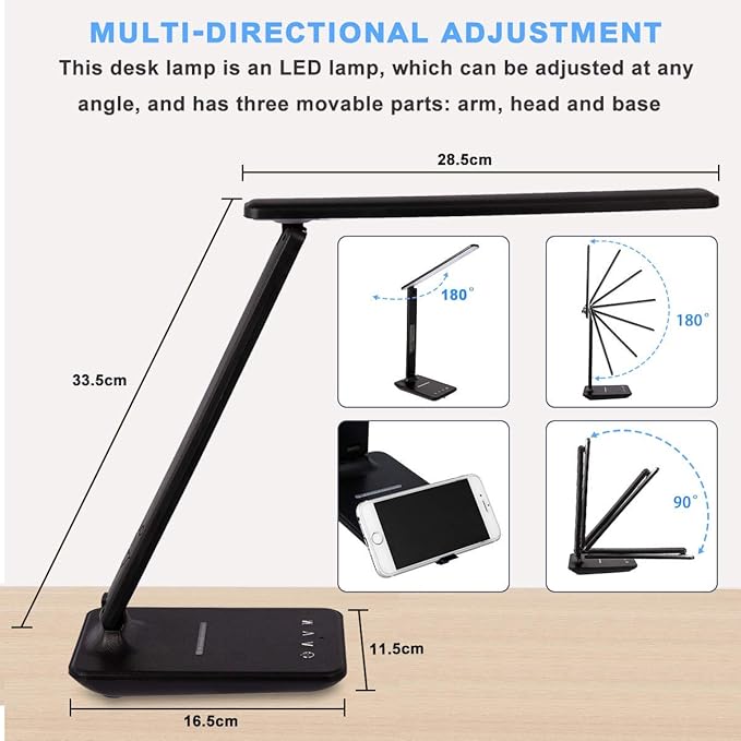 LED Desk Lamp with Wireless Charger, Suitable for Home, Office Dimmable, with USB Charging Port, Built-in Clock, Calendar, Thermometer and Automatic Timing Reading Desk Lamp.