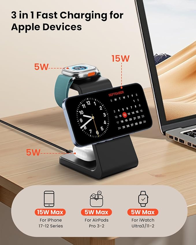 Magsafe Wireless Charging Station for iPhone: 3 in 1 15W Magnetic Portable Desktop Charging Station for iPhone17/16/15/14/13/12 Series, Apple Watch, AirPods 4/3/2/Pro