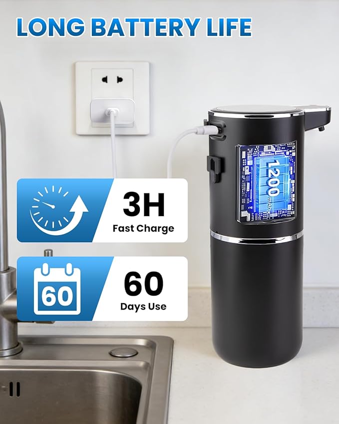 Automatic Soap Dispenser Touchless, Hands-Free, USB Rechargeable Dish Hand Soap Dispenser, 4 Adjustable Volume, Clog-Free for Bathroom Kitchen, Soap Waste Reduction, Easy for Toddlers, Black