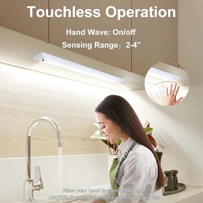 24 Inch Under Cabinet Lights Plug in 2 Pack, Hand Wave Activated, Linkable Under Cabinet Lighting with 5 CCT - 2700K-6000K & Stepless Dimmable, Under Counter Light for Kitchen, 600 Lumens, 10W