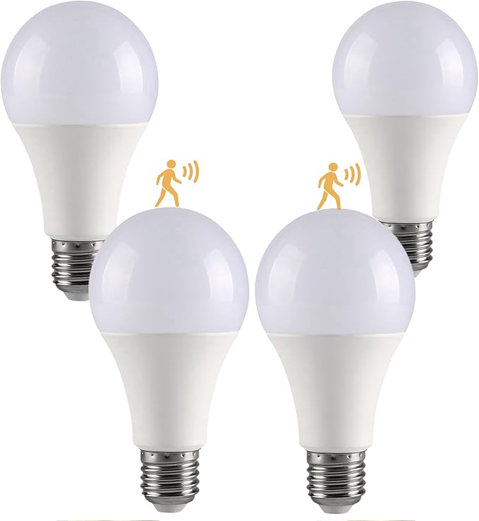 GEPLAD 4-Pack Upgrade Motion Sensor LED Light Bulbs 12W (100W Equivalent), A19 E26 Dusk to Dawn Bulb, Outdoor & Indoor, 5000K Daylight, 1200LM,Glass-Penetrating Sensor, Upward/Downward Mounting