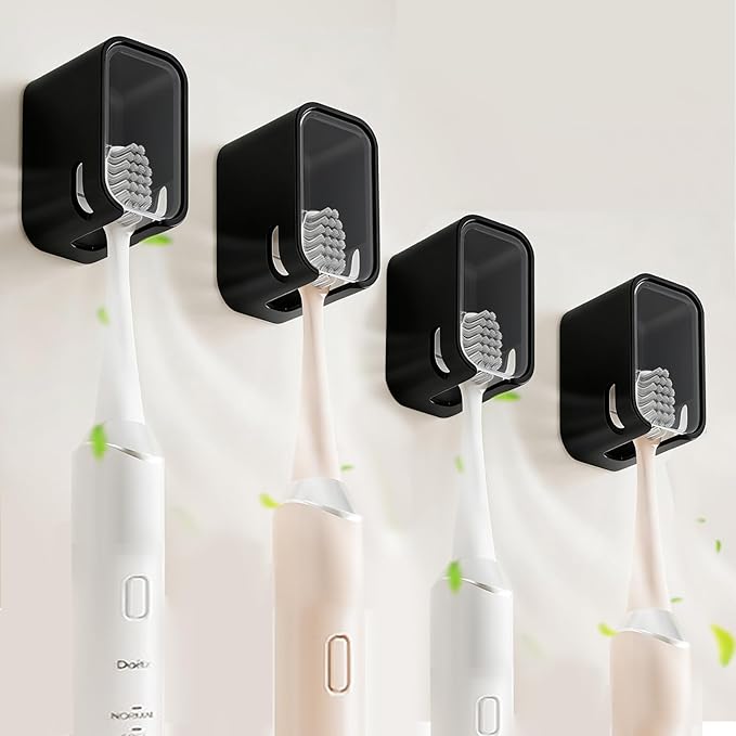 4 Pack Toothbrush Holders for Bathroom, Self Adhesive Wall Mounted Toothbrush Holder with Cover, Single Toothbrush Dispenser Storage Organizer for Family, Travel, Waterproof and Dustproof (Black)