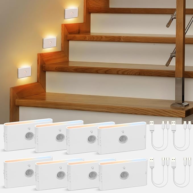 wowatt 3CCT Rechargeable Stair Lights Indoor, White Stairway Lights Indoor with Magnetic Mount, Dimmable Stair Lights Motion Sensor for Stairway, Hallway, Kitchen, Bathroom(8 Packs)