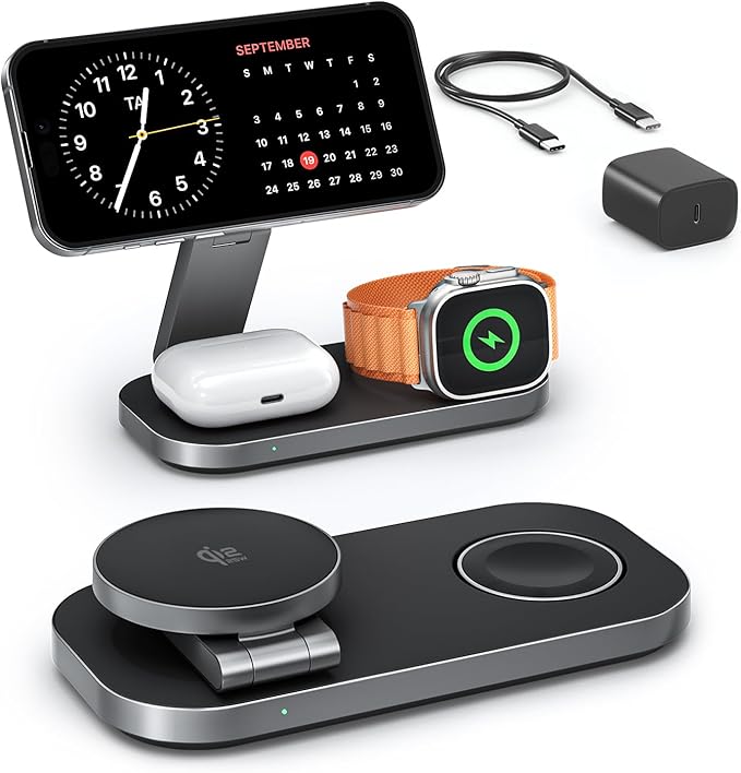 3-in-1 Charging Station for Apple Device, Qi2 25W Certified Magnetic Wireless Foldable Fast Charger Stand Compatible with MagSafe for iPhone 17e/17/16/15/14/13/12/Air Series, Apple Watch & AirPods