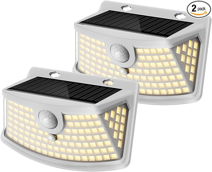 Aootek New Solar Motion Sensor Lights 120 LEDs with Lights Reflector,270° Wide Angle, IP65 Waterproof, Step Lights for Front Door, Yard, Garage, Deck (White, Warm White, 2-Pack)