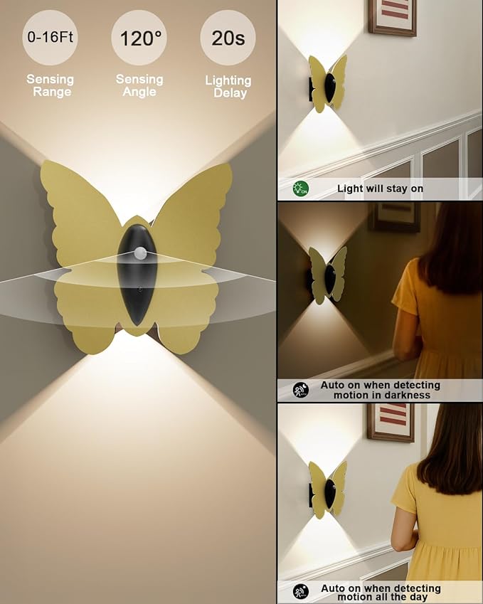 Magnetic Motion Sensor Wall Light: 5000mAh Rechargeable Battery Powered Wall Sconce Set of 2 with Remote, 3 Colors Wireless Wall Lamp LED Up and Down Wall Sconce for Hallway Stairway Bedroom, Gold