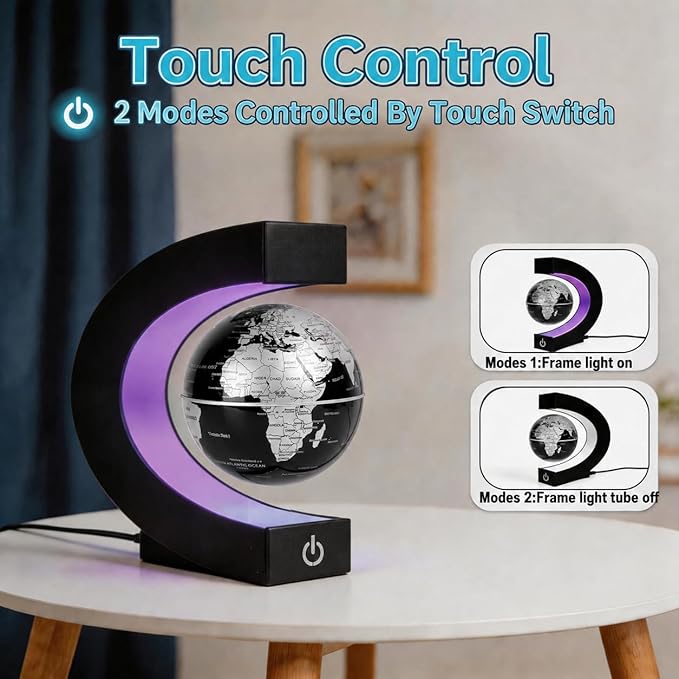 Magnetic Levitation Floating Rotating World Globe with LED Frame Lights, C Shape Levitating Globe, Touch Switch Night Light, Cool Tech Gifts for Men Dad Boys Kids, Office Desk Decor and STEM Gift