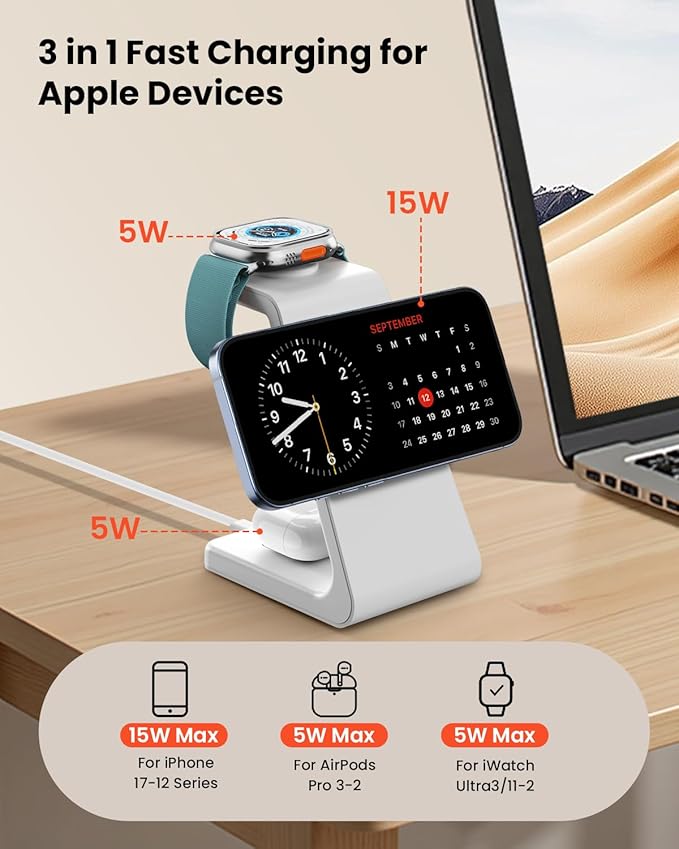 Magsafe Wireless Charging Station for iPhone: Certified 15W Fast Charging Station, 3 in 1 Magnetic Charger Stand for iPhone 17/16/15/14/13/12 Series, Apple Watch, AirPods 4/3/Pro