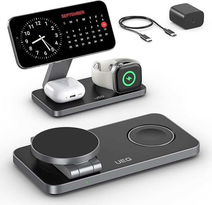 UEQ Foldable 3 in 1 Wireless Charging Station for Apple Magsafe Charger Stand,Fast Magnetic Wireless Charger Station for iPhone 17 Air 16 15 14 13 12 Series,Airpods Pro,Apple Watch Ultra (Pure Black)