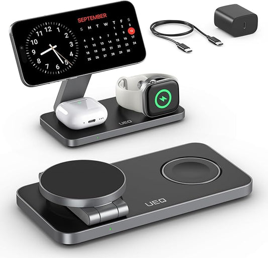 UEQ Foldable 3 in 1 Wireless Charging Station for Apple Magsafe Charger Stand,Fast Magnetic Wireless Charger Station for iPhone 17 Air 16 15 14 13 12 Series,Airpods Pro,Apple Watch Ultra (Pure Black)