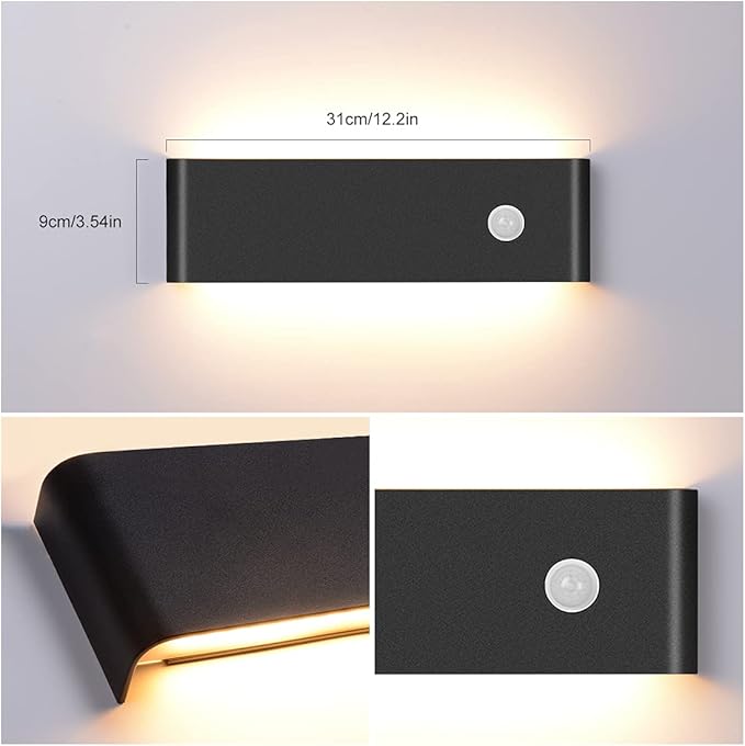 LED Hardwired Motion Sensor Light Indoor Wall Sconce, 12W Motion Sensor Wall Light Indoor Sconce Wall Aluminum Modern Wall Sconce for Living Room Hallway Stair (Black 3000K, 1 Pack)