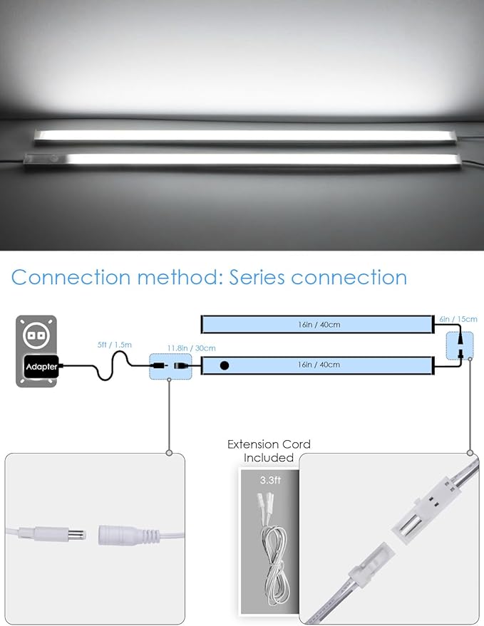 Motion Sensor Under Cabinet Lighting Indoor Plug in, 16" 12V LED Under Counter Lights Super Bright Magnetic for Kitchen/Hallway/Toilet/Garage/Closet(Cold White/6000K, 3 Pack)