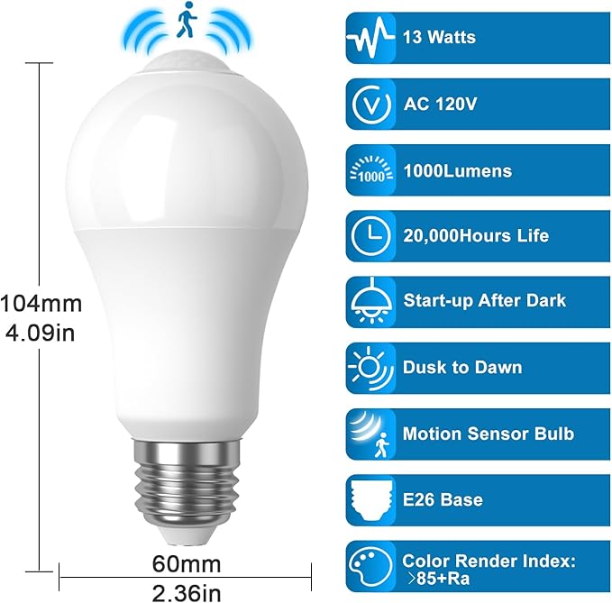 Motion Sensor Light Bulb,Activated Detector Light Bulb Indoor,Dusk to Dawn Security Bulb,13W Equivalent 100W,E26 Base 6000K Daylight,6 Packs