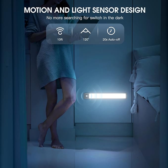 MCGOR 10inch Under Cabinet Lighting, 2 Pack Rechargeable Motion Sensor Light Indoor, 5 Levels Dimmable Magnetic Closet Lights, Wireless Under Counter Lights for Kitchen, Stairs
