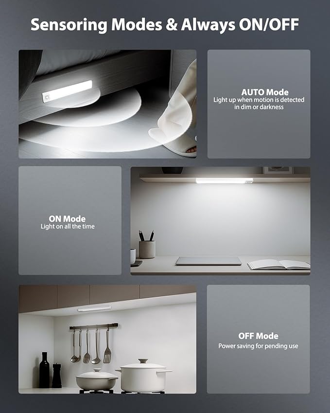 10inch Under Cabinet Lighting, 68 LED Rechargeable Motion Sensor Light Indoor, 6 Levels Dimmable Magnetic Closet Lights, Wireless Under Counter Lights for Kitchen, Stairs, Bedroom, 2-Pack Daylight