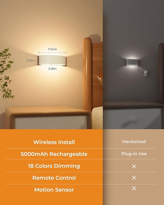 Motion Sensor Wall Light, 5000mAh Rechargeable Battery Operated Wall Sconces with Remote, 15 RGB Colors 3 White Temps Dimmable, Wireless Wall Sconces for Hallway, Living Room, Stairwell, Bedroom