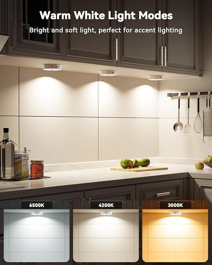 LENOMA Puck Lights with Remote, Rechargeable Under Cabinet Lighting, 3 Color Temps, 12 RGB Color LED Motion Sensor Lights Wireless, Dimmable Tap Lights for Closet, Kitchen, Shelf, Stair, 8 Pack