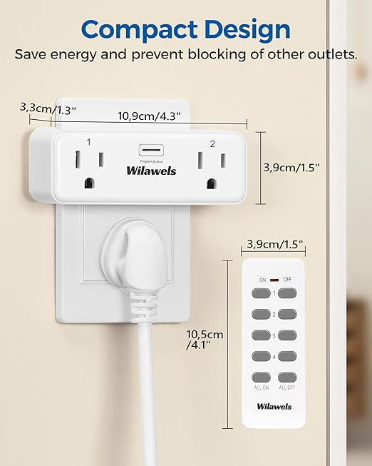 Remote Control Outlet with 4 Independent Control Sockets, WILAWELS Wireless Remote Light Switch for Christmas Tree Lights, String Lights, 15A/1875W/125V, FCC Certified, One Remote for 4 Plugs