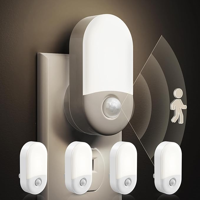 L LOHAS LED Motion Sensor Night Light Plug in, Motion Activated Night Light, 5000K Daylight White, Night Lights Plug Into Wall, Adjustable Brightness, Nightlights for Bathroom, Kids, Hallway, 4 Pack