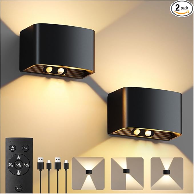 Motion Sensor Wall Light with Remote Control, 5000mAh Rechargeable Wireless Wall Sconce Set of 2, Motion Sensor Night Light Adjustable Brightness & Angle, Up and Down Battery Powered Wall Lamps Indoor