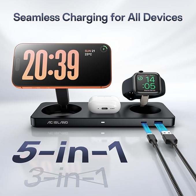 AC ISLAND 5-in-1 Qi2.2 Wireless Charger for MagSafe, 25W Foldable Magnetic Stand, Travel Charging Station for iPhone 17-12 & Air Series, Apple Watch, AirPods, with 65W GaN Adapter (Black, for Apple)