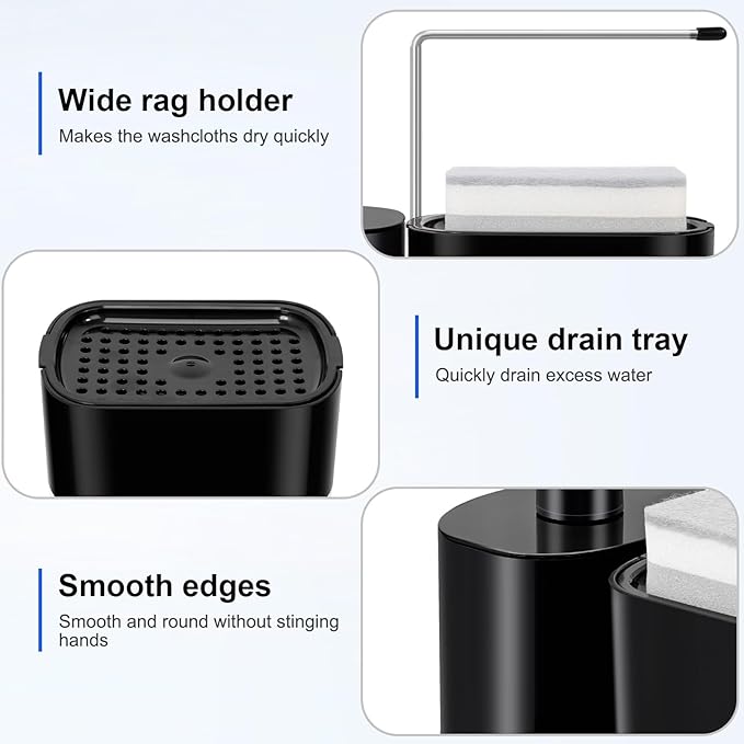 Dish Soap Dispenser Set 4-in-1 Hand Soap Dispenser with Detachable Soap Pump Sponge Holder for Kitchen Sink, Bathroom Soap Dispenser, Black