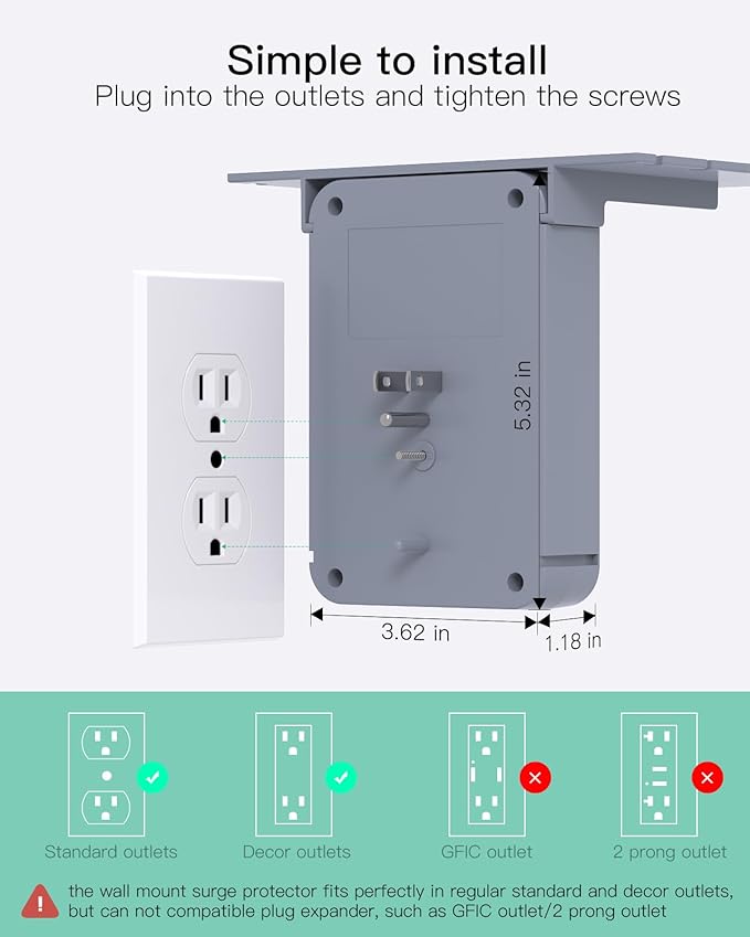 Wall Outlet Extender with Shelf, Surge Protector 6 AC Multi Plug Outlet, 3 USB Charger Station Splitter Expander for Bathroom Home, Grey