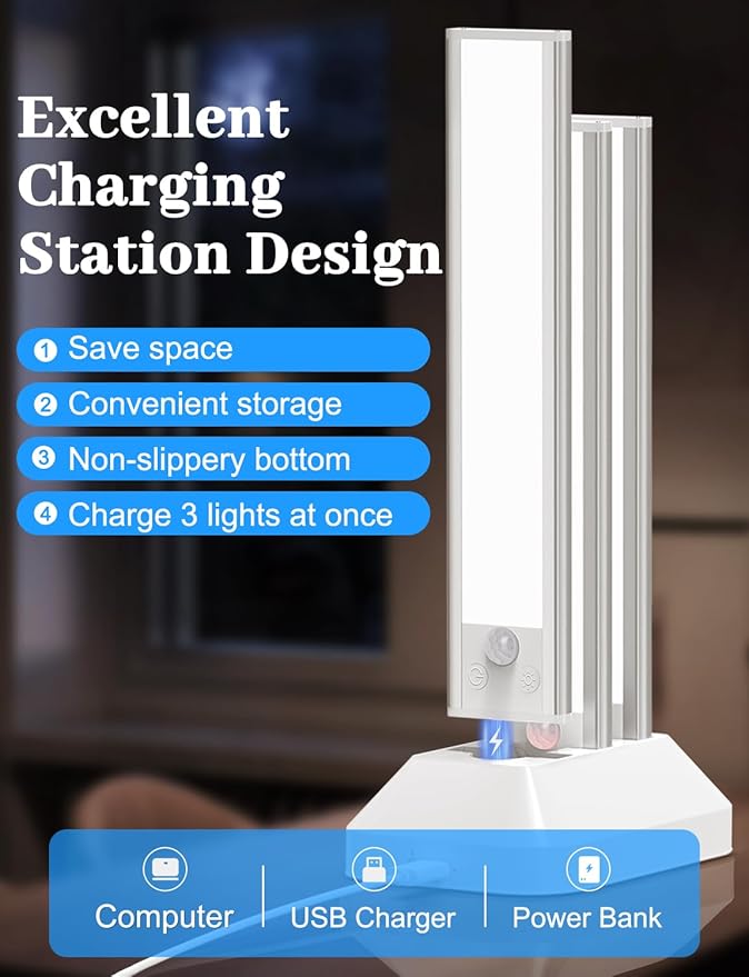 12in Under Cabinet Lighting with Charging Station, 2500mAh Rechargeable Wireless Motion Sensor Lights Indoor,Closet Lights with 3 Color Tempers, Battery Operated Cabinet Lights for Kitchen, 3-Pack