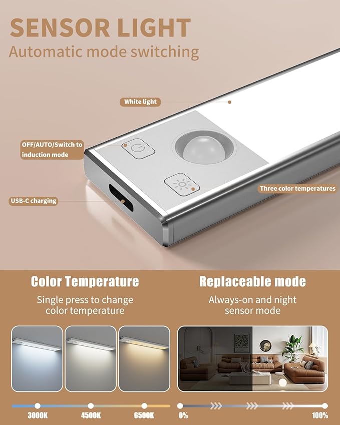 Under Cabinet Lighting 12 inch Rechargeable Battery Operated Motion Sensor Light Wireless Under Counter Lights for Kitchen, Stairs,Hallway (3 Pack)