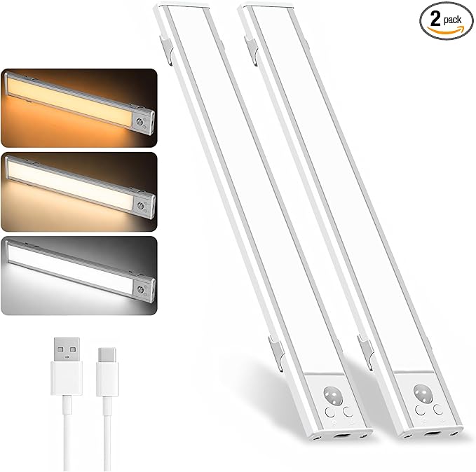 Under Cabinet Lighting, 2 Pack Rechargeable Motion Sensor Light Indoor, 3 Color Temps Dimmable Closet Light, Wireless Under Counter Lights for Kitchen, Closet, Stairs