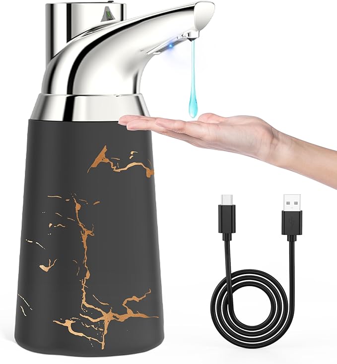 Adjustable Automatic Soap Dispenser Touchless, Ceramic Material，4 Adjustable Levels， Type-c Rechargeable Operated Sensor Liquid Soap Pump，Touch-Free Hand Sanitizer Dispenser (Black Silver)