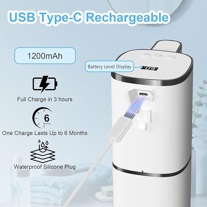 OHIFAST Automatic Liquid Soap Dispenser Touchless, USB Rechargeable Smart Hand Soap Dispenser, 9-Level Adjustable, Physical Button Operation, 13.5oz/400mL Wall Mounted for Bathroom Kitchen Dish Soap
