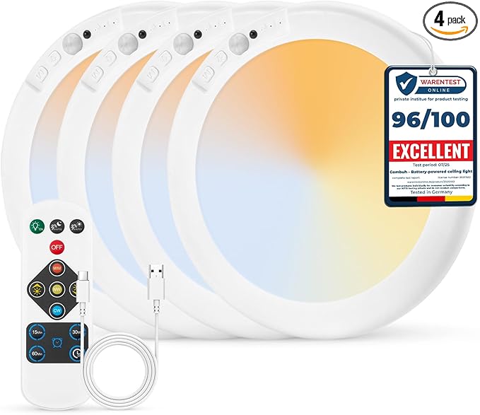 Combuh 4-Pack Battery Powered Motion Sensor Light, 7.48" IP44 Waterproof Shower Lamp Without Wiring, Ultra Thin 3 Colors Adhesive Overhead Lightting for Garage, Bedroom, Kitchen, Portable