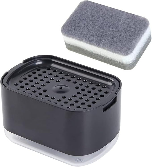 10oz Dish Soap Dispenser for Kitchen Sink with Sponge Holder Push Down Pump Soap Dispenser Kitchen Premium Quality Sink Dish Washing- Black