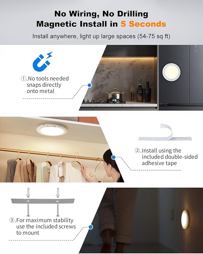 Wireless Motion Sensor Ceiling Light, 7.5" Ultra-Thin, 8000mAh Rechargeable, 450LM, 5 Color Temps, Dimmable with Timer & Remote, Magnetic Stick-On/Screw Mount for Closet, Hallway, 2-Pack