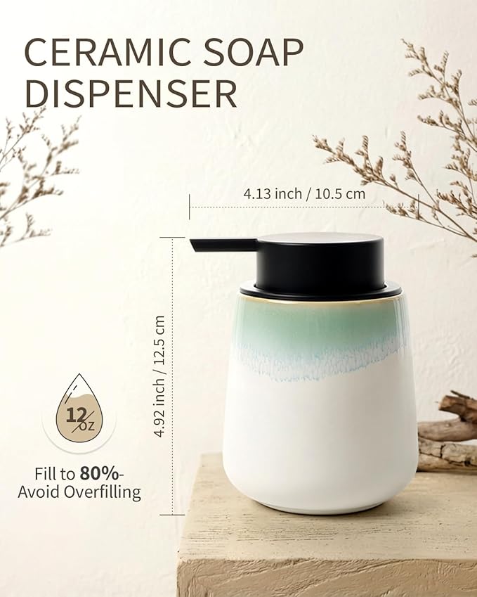 Bosilunlife Ceramic Bathroom Soap Dispenser - 12Oz Bathroom Countertop Kitchen Dish Soap Pump Dispenser Liquid Soap Dispenser - Matte White with Blue-Green Rim