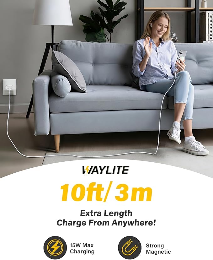 10FT Magnetic Wireless Charger Charging Pad - 15W Qi Fast Phone Charger Puck for Apple iPhone 17 16 15 14 13 12 Series & AirPods 4 3 2 Pro, Phone Charging Pad with Plug for Desk & Travel, 2Pack White