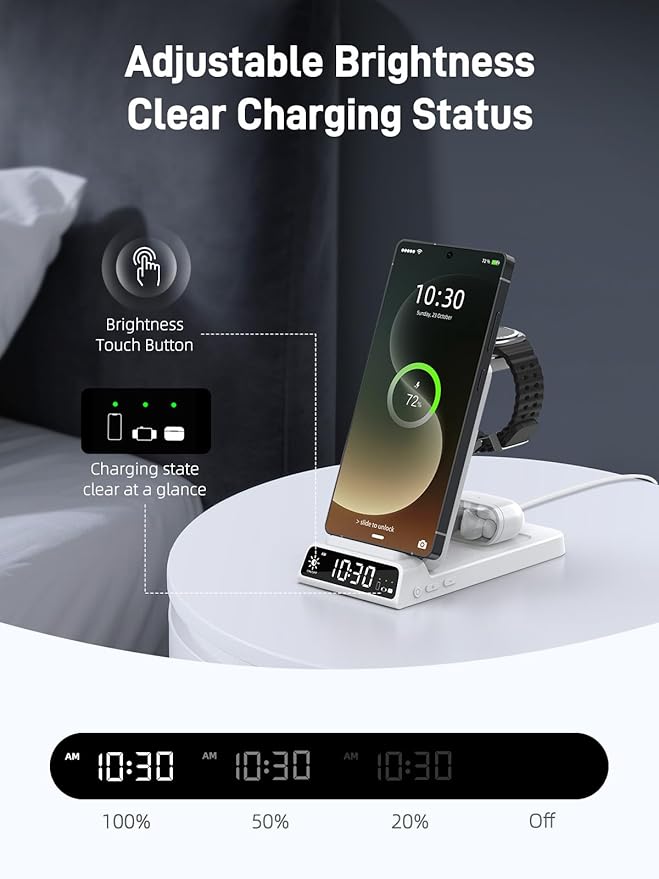 Wireless Charger for Samsung Charging Station with Clock for Samsung Galaxy S25 Ultra/S24/Z Flip 7/Fold 6/Bud, Watch Charger for Samsung Galaxy Watch 8/7/6/5, 3 in 1 Foldable Charging Station (White)