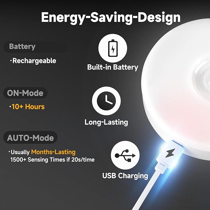 Improved LED Rechargeable Motion Sensor Light Indoor, Bright & Long-Lasting Battery, Stick-On Motion Sensor Puck Night Lights for Closet, Cabinet, Kitchen, Hallway, Stairs - Cool 4Pack
