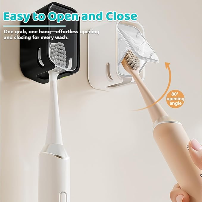 3 Pack Toothbrush Holders for Bathroom, Self Adhesive Wall Mounted Toothbrush Holder with Cover, Single Toothbrush Dispenser Storage Organizer for Family, Travel, Waterproof and Dustproof (Black)
